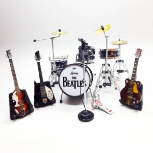 The Beatles Mini Instrument Set 1/12 Scale - Detailed Ludwig Drum Kit, 3 Guitars & Mic - Iconic Rock Band Memorabilia
